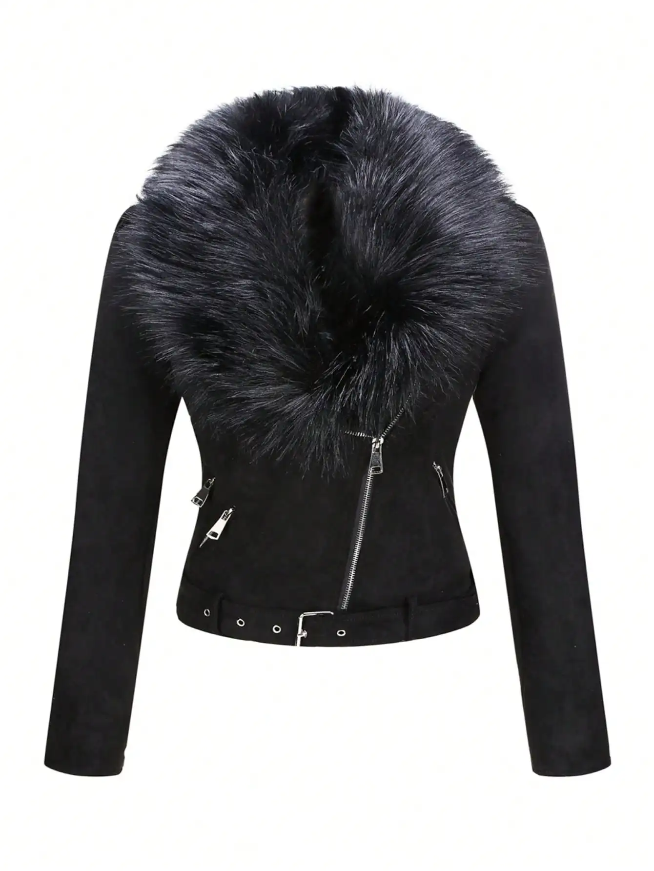 

Women's Vintage Short Jacket with Faux Fur Collar - for cold season, fashionable women's biker style fashion jacket