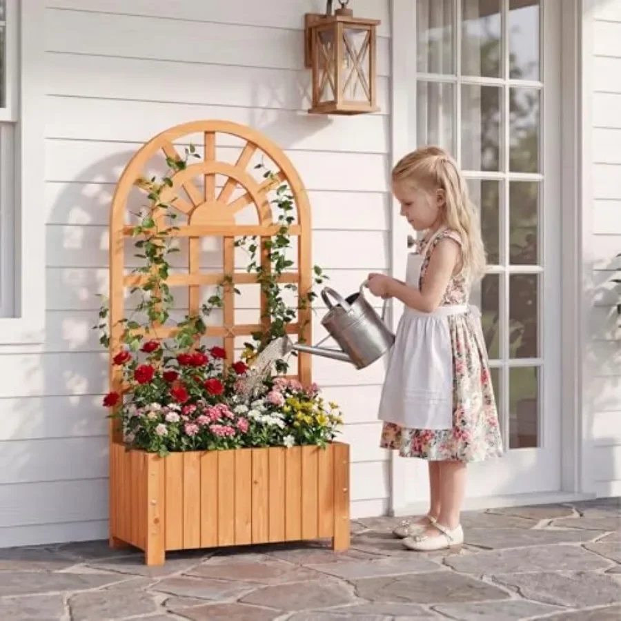 Wooden Raised Garden Bed with Arched Trellis Set 2, 48