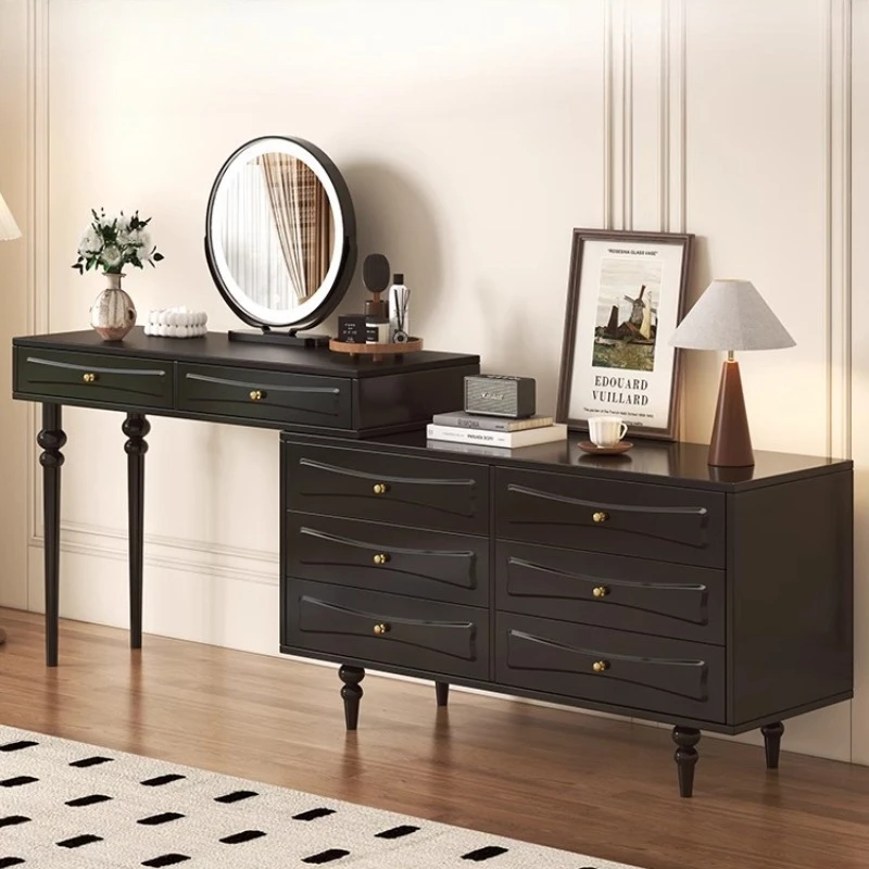 

6 Drawer Wood Light Mirror Vanity Table Makeup Luxury Storage Modern Dressing Table Black Penteadeira Bedroom Furniture