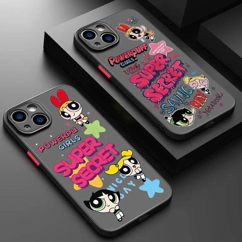 

Cartoon P-Powerpuffs Girls Frosted Translucent For Apple iPhone 15 14 13 12 11 XS XR X 8 7 SE Pro Max Plus Mini Back Phone Case