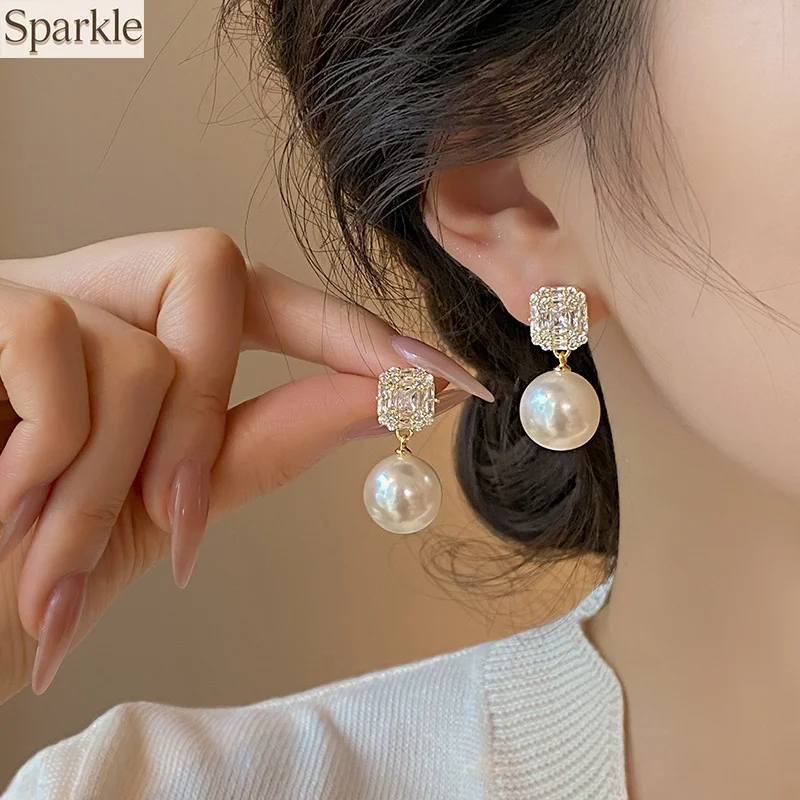 

S925 Silver Needle Luxury Square Zircon Pearl Drop Earrings for Women Girls Must-have Ear Jewelry Pendant Earrings Charm Gifts