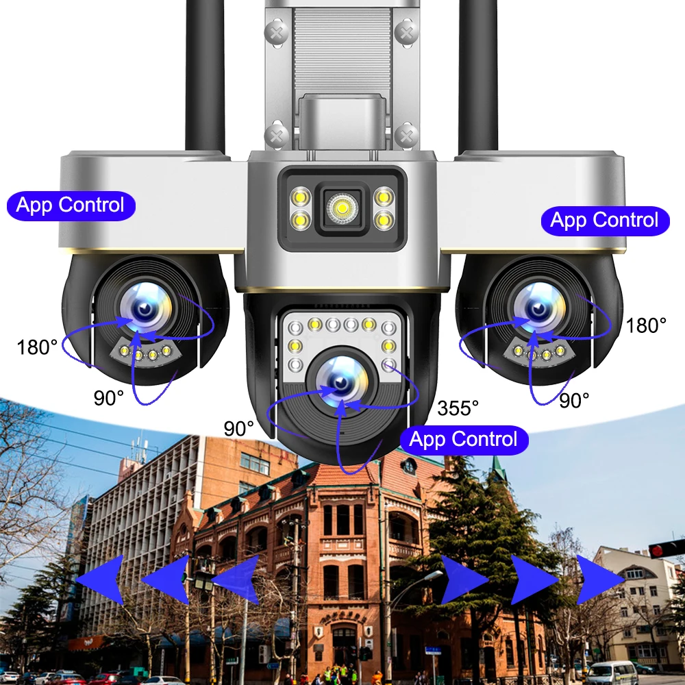 Câmera de vigilância externa 4g cartão sim câmeras sem fio detecção de movimento 3 lentes ptz cctv rastreamento automático 2 vias vigilância de vídeo
