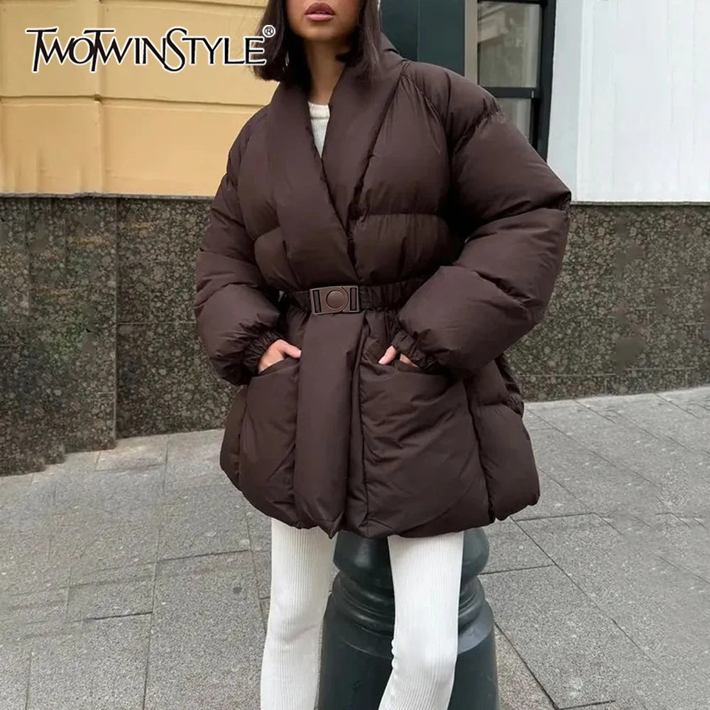 TWOTWINSTYLE Solid Casual Basics Down Jacket for Women V Neck Long Sleeve Tunic Patchwork Sashes Slimming Elegant Coat Female