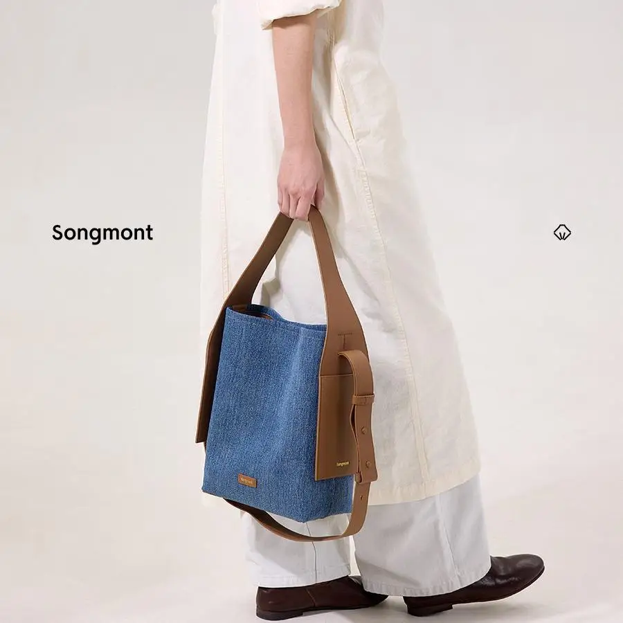 

Songmont Hanging Ear Tote, женская сумка-ведро средней джинсовой ткани, дизайнерская сумка через плечо