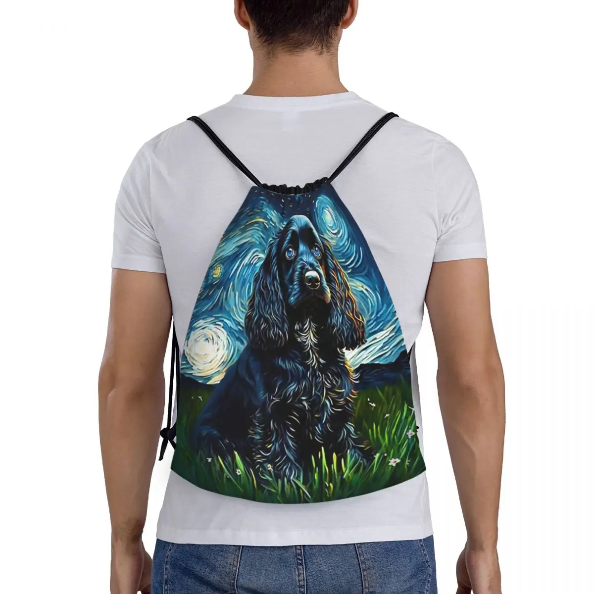 

A Cocker Spaniel Puppy Starry Night Backpacks Portable Drawstring Bags Sports Bag Book Bags for Man Woman School