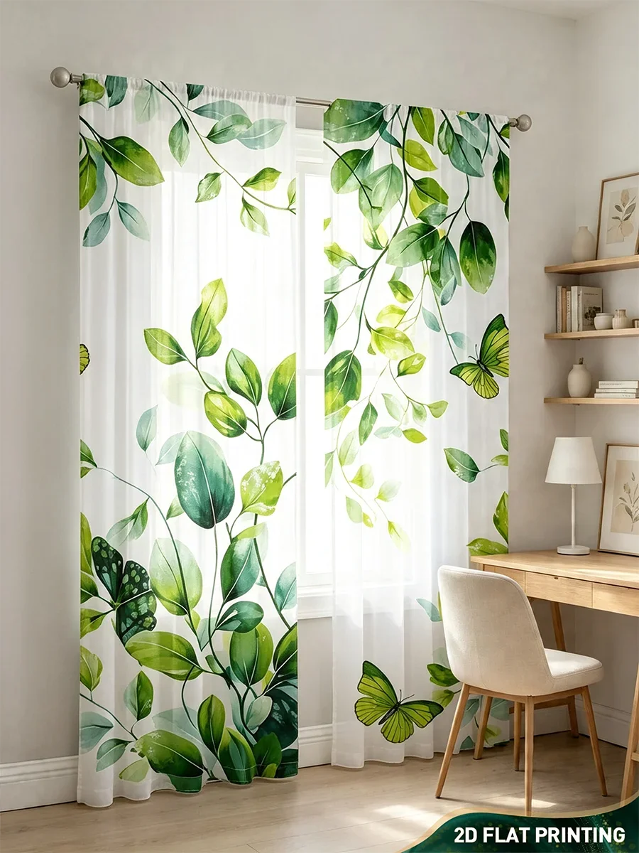 2 Stück Digital Bedruckte Transparente Vorhänge, Frisches Grünes Blattmuster, Lebendige Natur Botanik - Voile-Gardinen für Schlafzimmer Wohnzimmer Dekoration