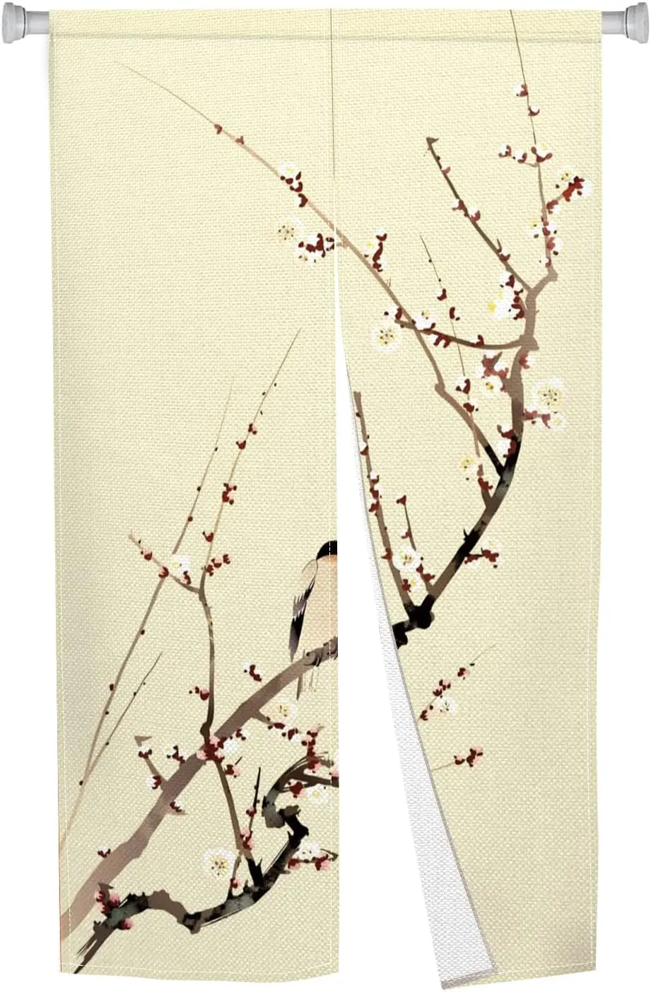 Chinese Ink Plum Blossom & Bird Door Curtain, Beige Linen Background Plum Branch & Bird Print, Oriental Zen Decor Room Divider