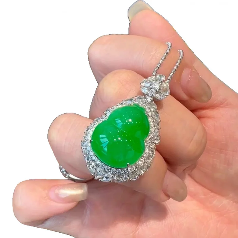 Natural gourd jadeite , Burmese A-grade full , 18k gold inlaid ice green jade pendant