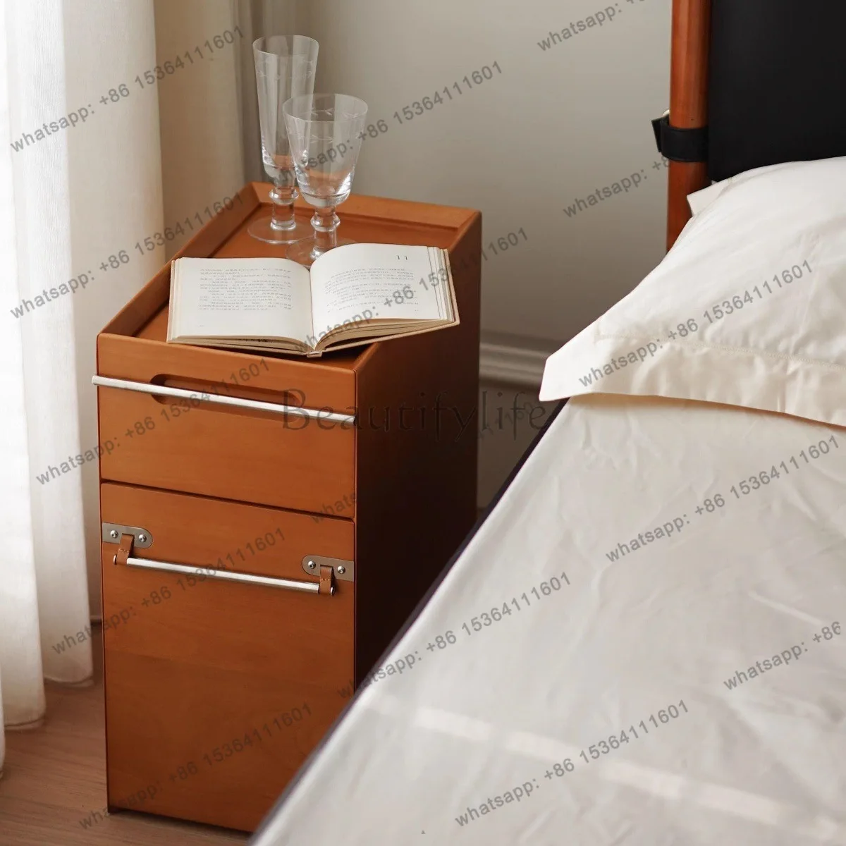 LS Timber Room Bedside Table Household Bedroom Small Solid Wood Modern Simple Very Narrow Small Coffee Table