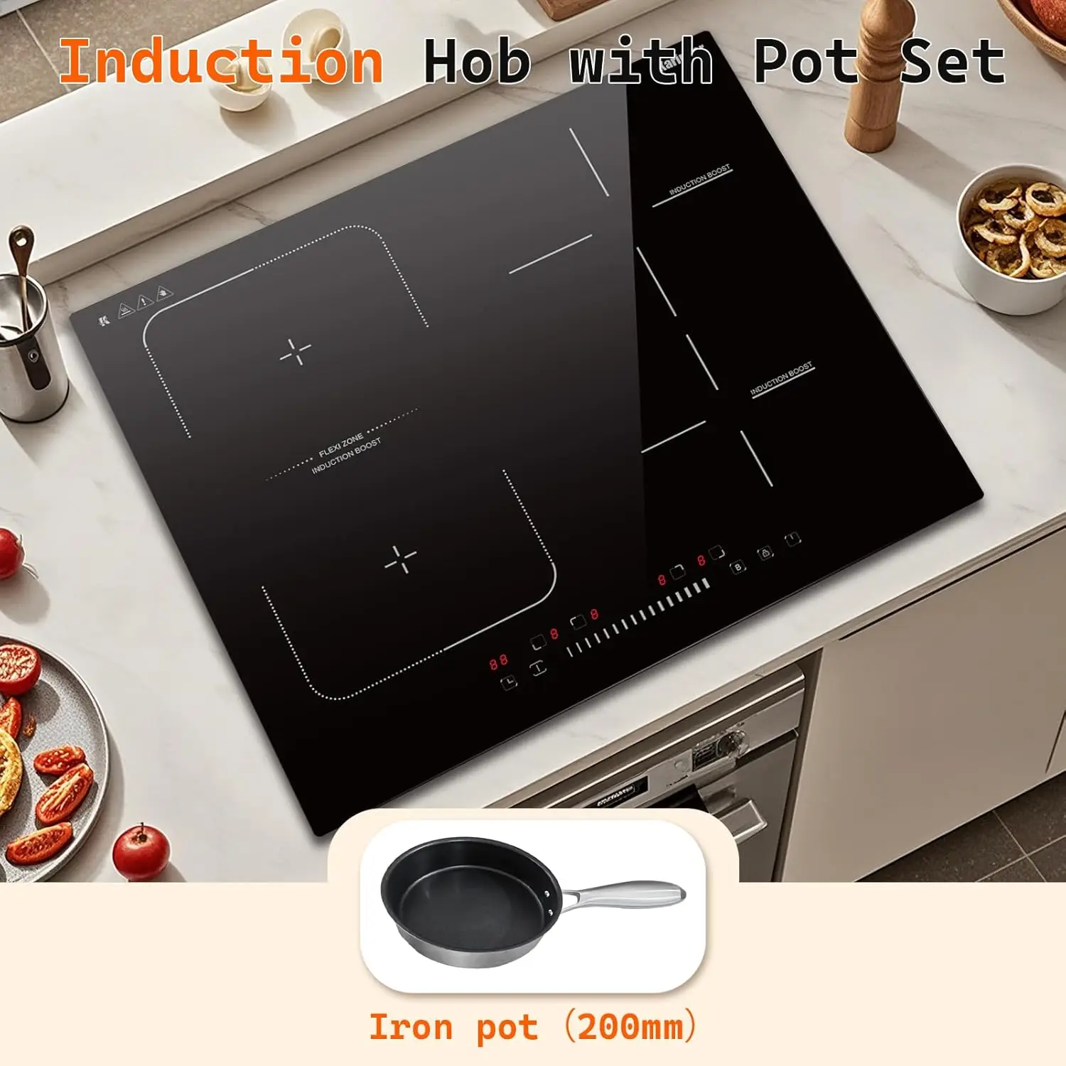 موقد كارينير التعريفي 4 مناطق (مع مقلاة)، موقد كهربائي فليكس زون 60 سم 7200 وات تحكم منزلق مع قفل آمن للمؤقت التعزيز