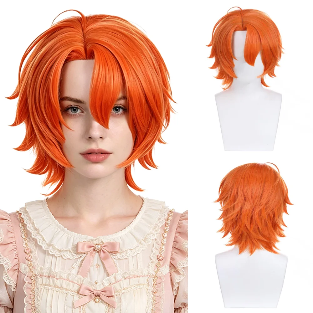 Unisex Bright Orange Short Cosplay Wig Spiky Layered Heat Resistant Synthetic Anime Wig For Halloween Party Costume With Wig Cap