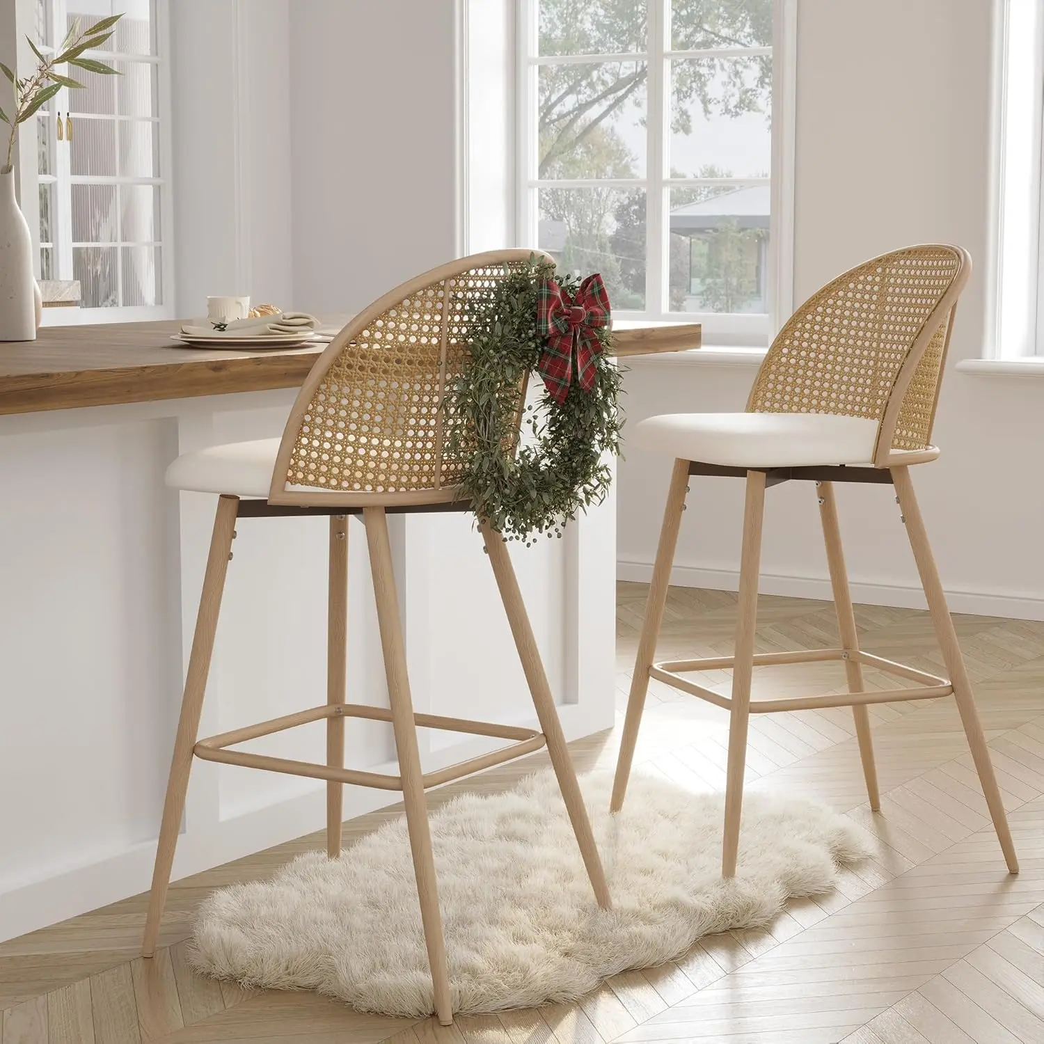 طقم مقاعد بار مقاس 29 بوصة مكون من قطعتين، ارتفاع دوار، مسند ظهر من الروطان، أرجل معدنية، مقاعد جزيرة مطبخ بوهو الحديثة، أبيض