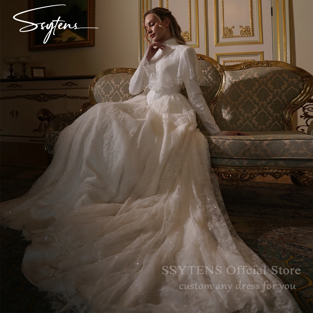 

SSYTENS Customized Cape Wedding Dresses High Neck Lace Nikkah Full Lace Bride Dresses Long Muslim Bridal Gowns robe de mariée