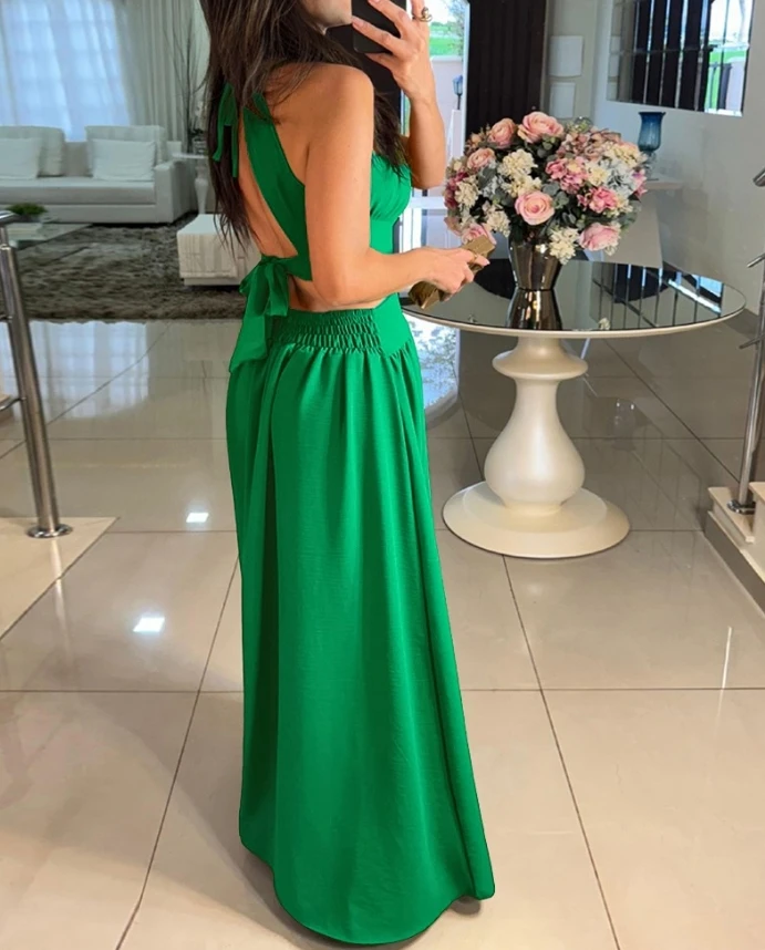 Women's Dress 2025 Spring Summer Latest Halter Sleeveless Tied Detail Shirred Criss Cross Flared Glamorous Evening Long Skirt