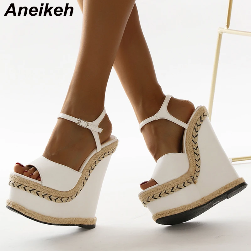 Aneikeh 2025 Summer Grass Woven Slope Heel Comfortable Sandals Ladies Shoes Party PU Platform Buckle Fashion Sandalias Mujer