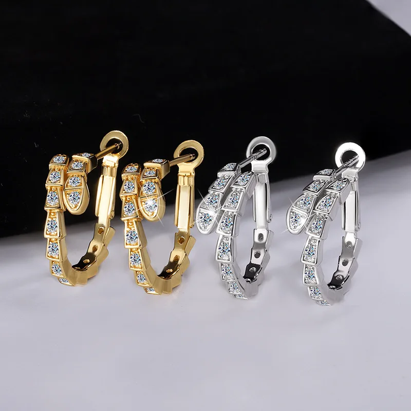 JECIRCON S925 Sterling Silver Full Moissanite Snake-shaped Hoop Earrings Light Luxury Fashion High-end Ear Buttons Fine Jewelry