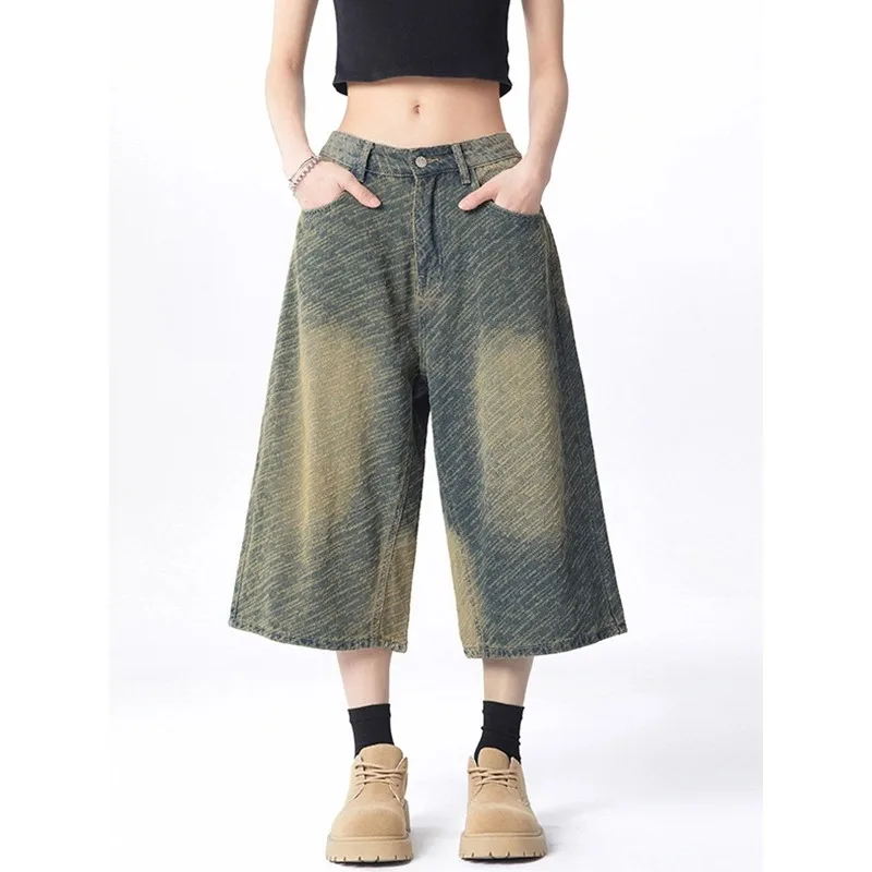 Unisex Vintage Washed Jacquard Denim Shorts Mid-Length Relaxed Fit Straight Streetwear Slimming Summer 2025