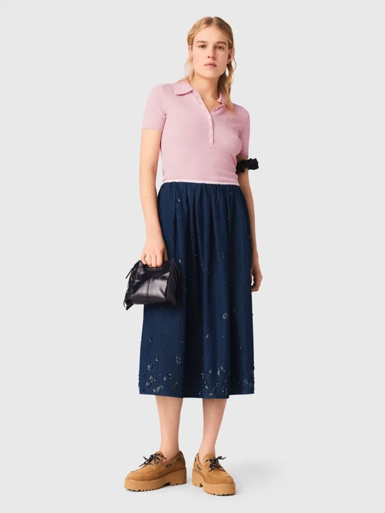 

Джинсовая юбка MaSande Spring Fashion с высокой талией, длинная, женская, с имитацией бисера и цветочным декором, облегающая