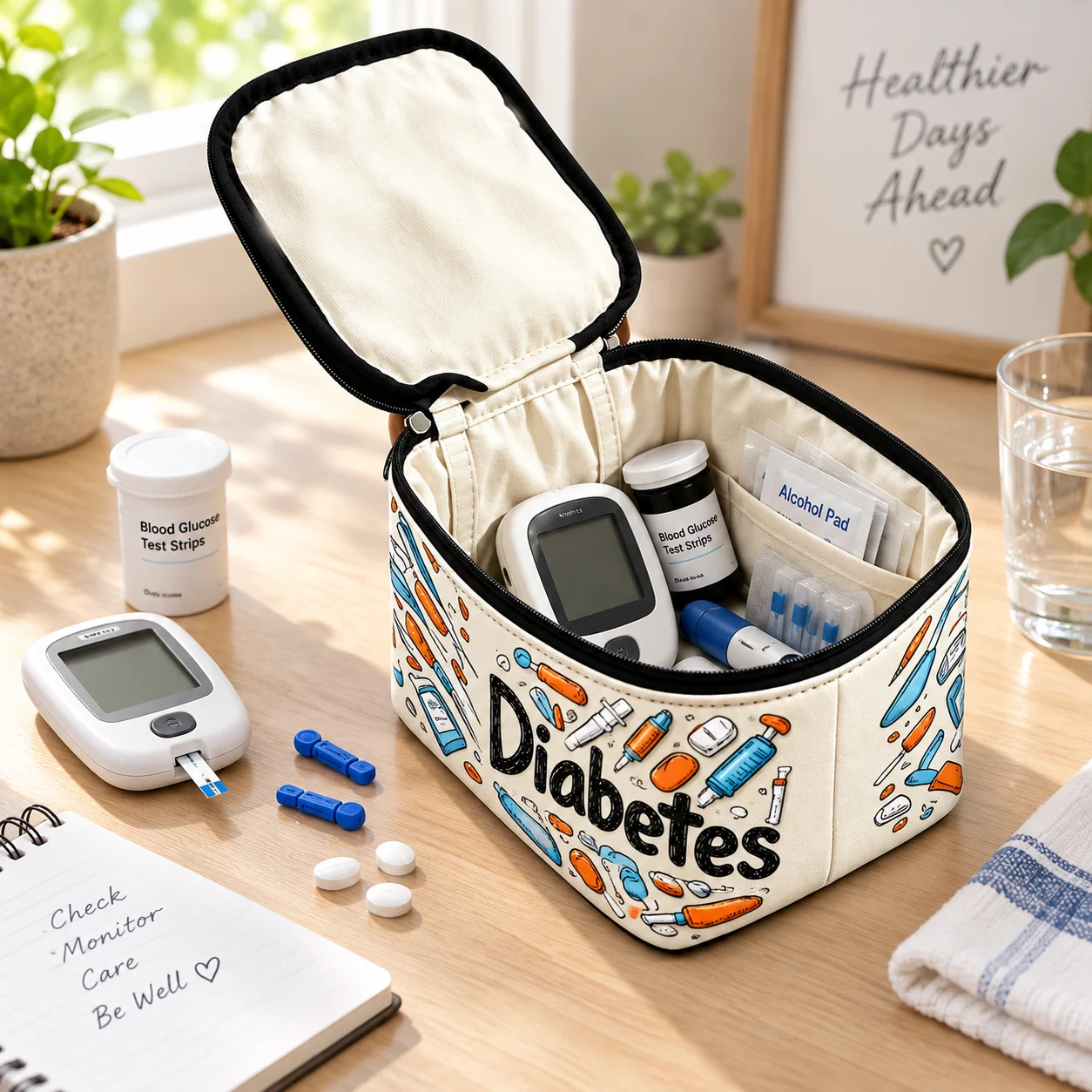 Blood Pressure Monitor Storage Bag with Medical Print Black Zipper and Cream Lining for Home and Travel No Device Included