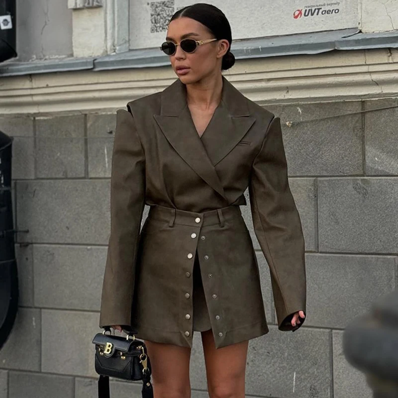 

Retro PU Leather Skirt Outfit Spring Women Hollow Out Long Sleeved Top+straight Single Breasted Bust Skirt Autumn Two Piece Set