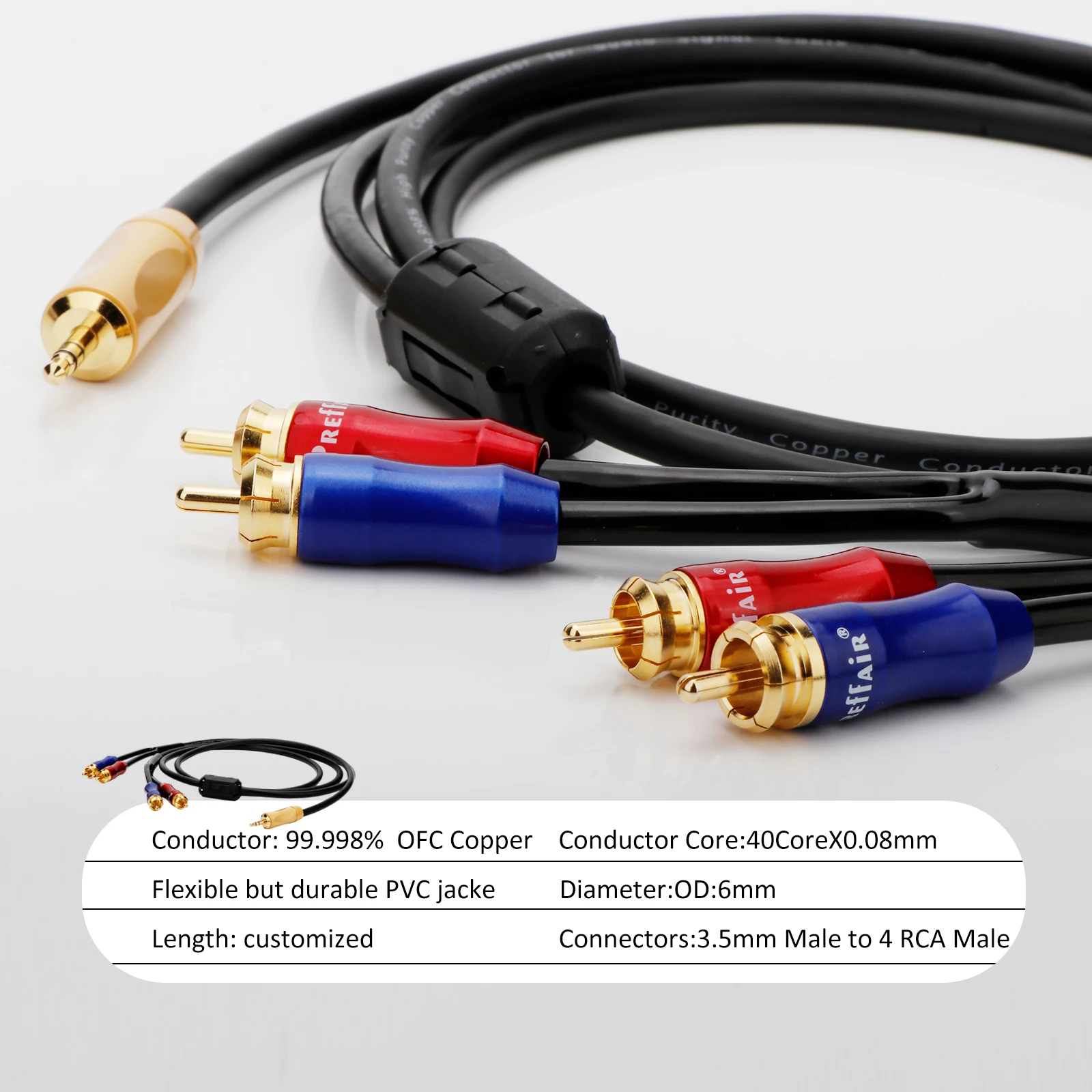 

Shielded 3.5/6.35mm Aux to Dual RCA Male Stereo Audio Cable - High Purity OFC Copper, Flexible PVC Jacket, Customizable Length