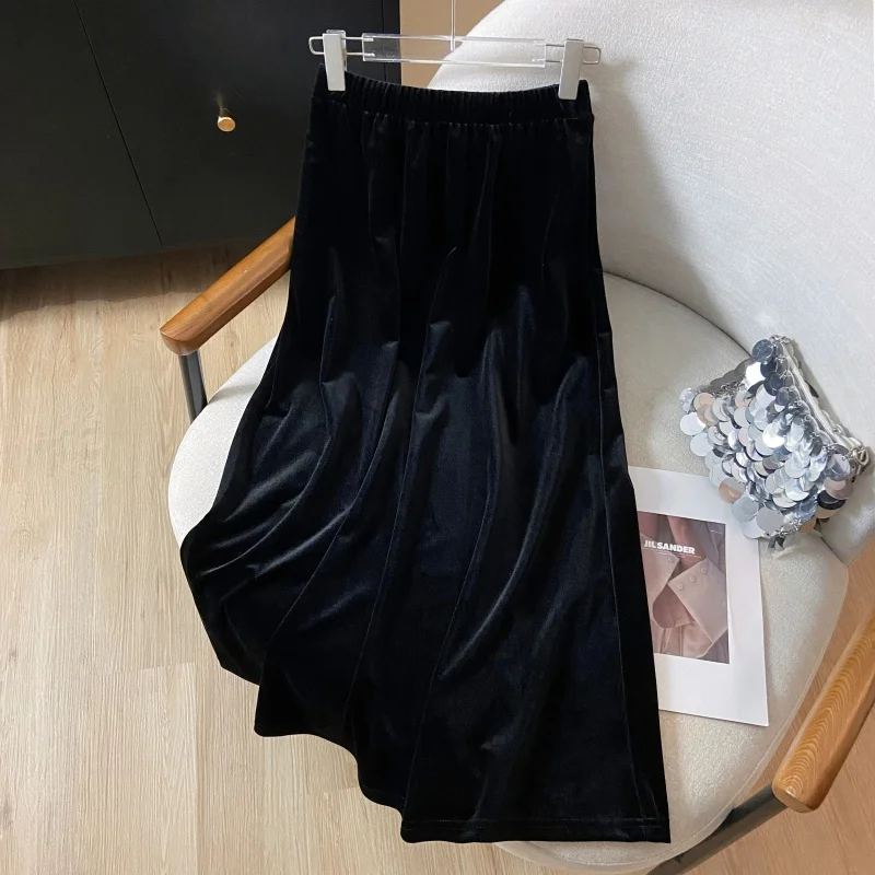 Herfst Winter Fluwelen Rok Vrouwen Werkfeest Lange Rok Zwarte Dikke Elastische Hoge Taille A-lijn Midi