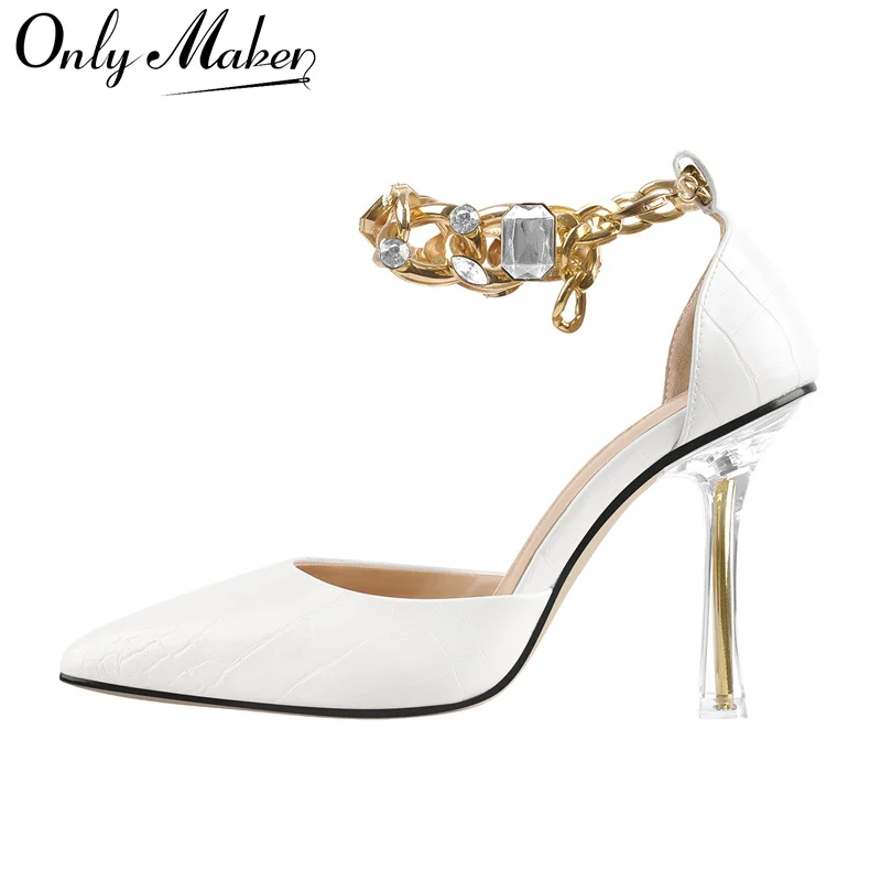 onlymaker Women Rhinestones Pointed Toe Metal Chain Clear Stiletto White Stone Pumps