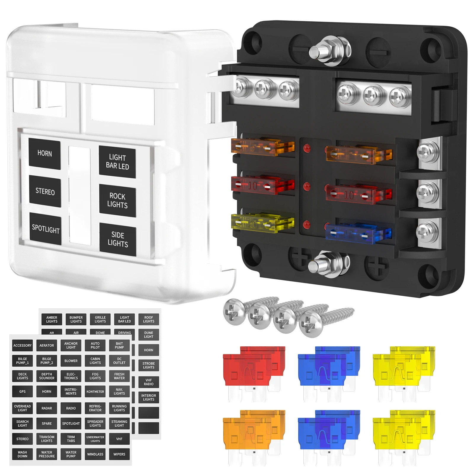 12V Fuse Block 6 Way with LED Indicator Light 12 Volt Fuse Box ATO/ATC Marine Fuse Panel Waterproof 24V for Automotive Boat Car