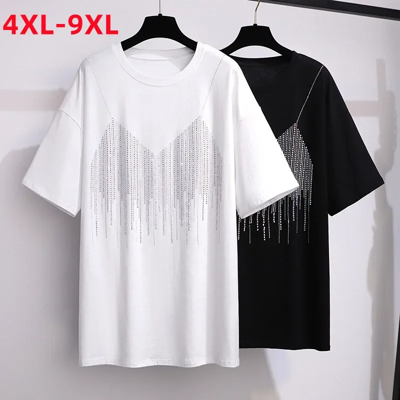 

Summer Plus Size Tops For Women Large Ovresize Short Sleeve Cotton Black White Diamonds T-shirt 4XL 5XL 6XL 7XL 8XL 9XL Tee