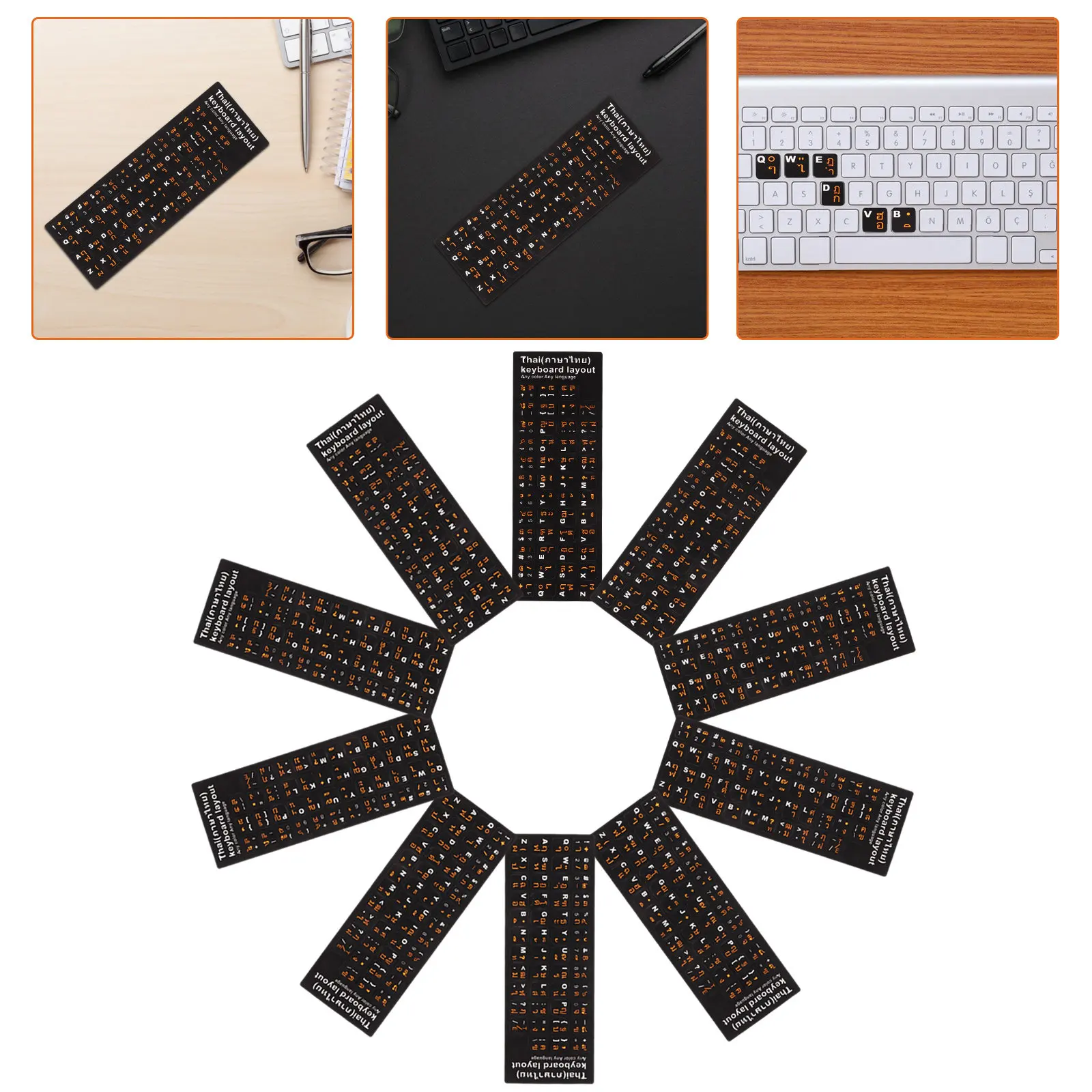 10Sheets Thai Language Keyboard Stickers Premium Adhesive Letter Decals for Laptop Computer Keys Protection Learning Typing