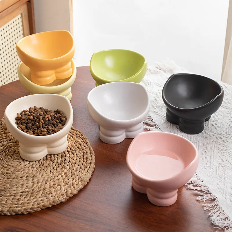 

Cute Yuanbao Shape Ceramic Cat Bowl Protection Cervical Neck High Foot Oblique Mouth Dog Drinking Eating Bowl Pet Supplies