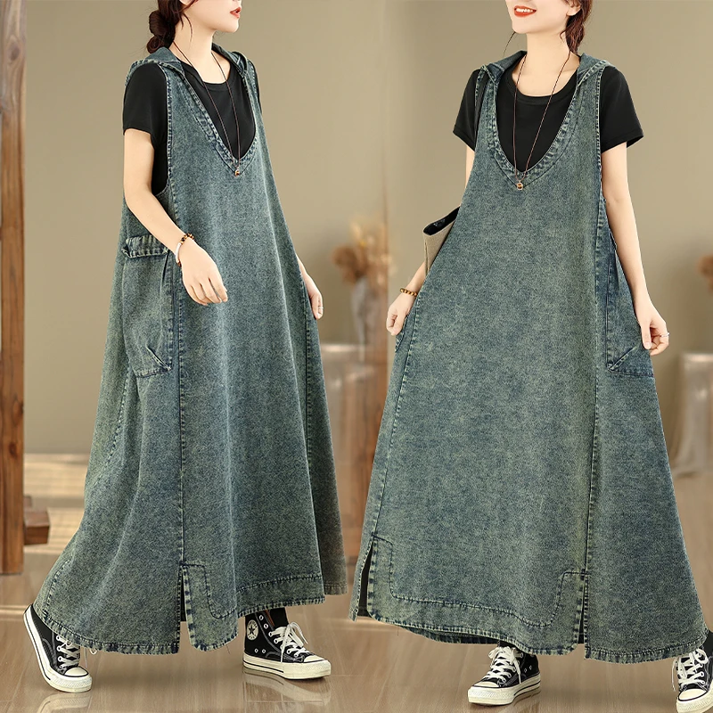 

Loose Large Size Denim Vest Dr Hooded V-Ne Midi Skirt with Big kets Women's Ci Outdoor Sle Cotton Polyester Blend