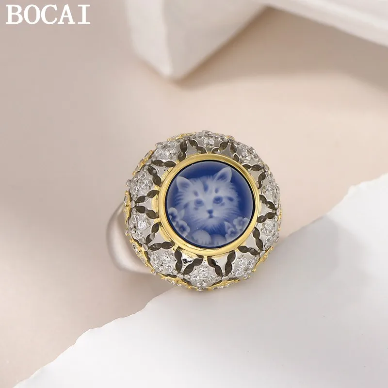BOCAI S925 Silver Rings for Women Men New Fashion Blue Agate White Shell Hollow Full Zircon Cute Cat Jewelry