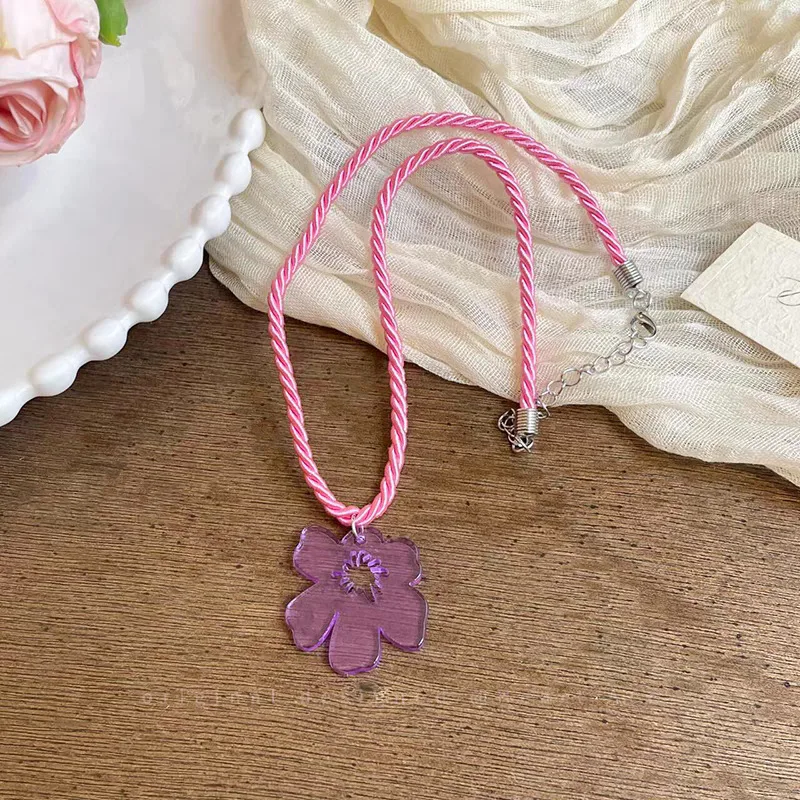 Summer Blogger Style Small Red Flower Necklace for Women, Korean Style Versatile Summer Braided Rope Accessory, Colorful Dopamine Collarbone Chain