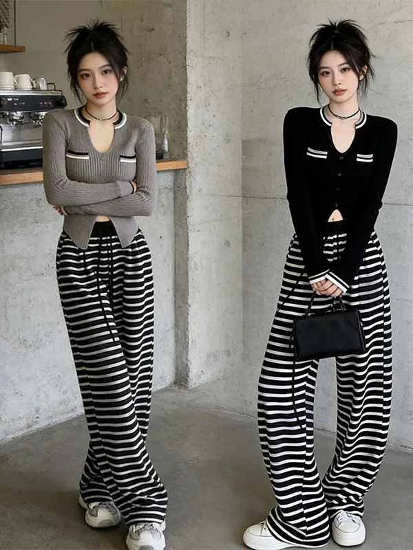 

American Sle V-Ne Dstring Stripe Pants Two-Piece Set Spring 2026 Lightweight Maturi Reduction Women's Faion Set