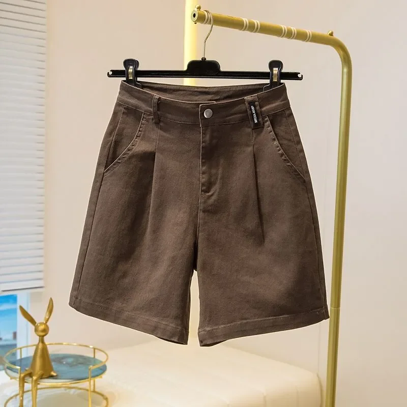 Women's Brown High-Waisted Casual Shorts Loose Fit Wide-Leg Cotton Shorts