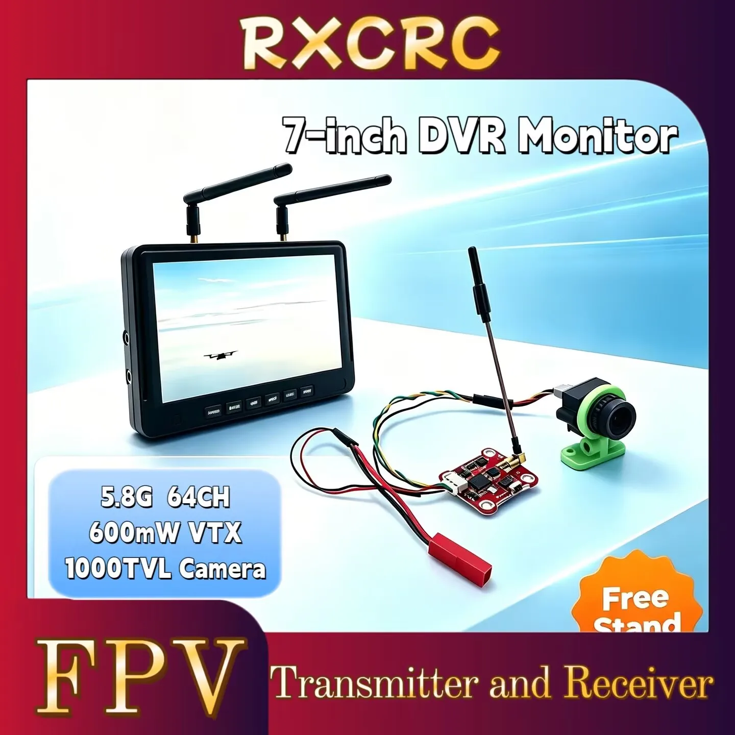 RXC 5.8G 64CH 600mW VTX Transmitter with a 1000TVL 135°FOV Camera FPV 7INCH DVR Monitor 1024*600px For RC Multicopter FPV Drone.