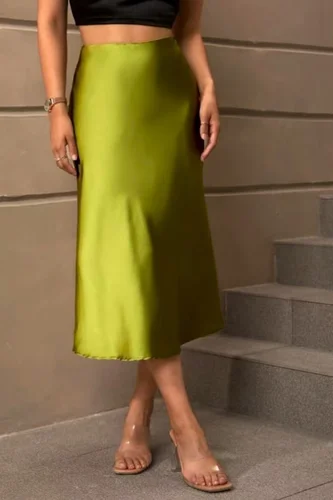 Falda midi de satén de color puro para mujer, falda de sirena drapeada a tope, de gama alta, a la moda, para primavera y verano