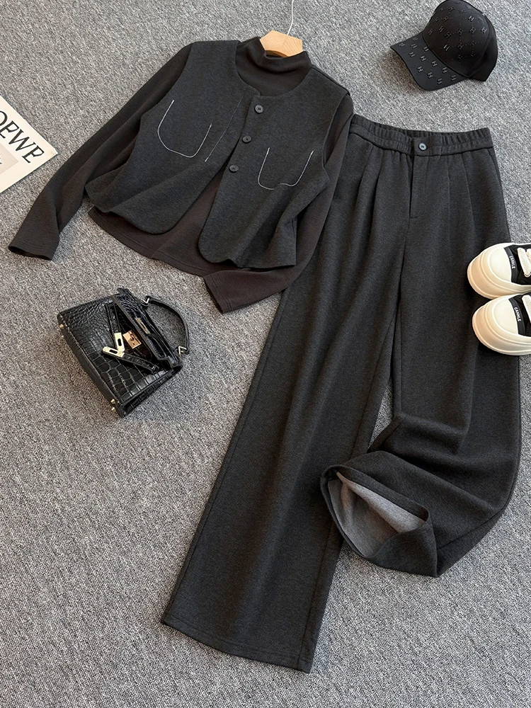 

Fashionable Hong Kong Style Three-Piece Set Women's Autumn High-End Outer Vest Inner Base Shirt Wide Leg Pants Ensemble