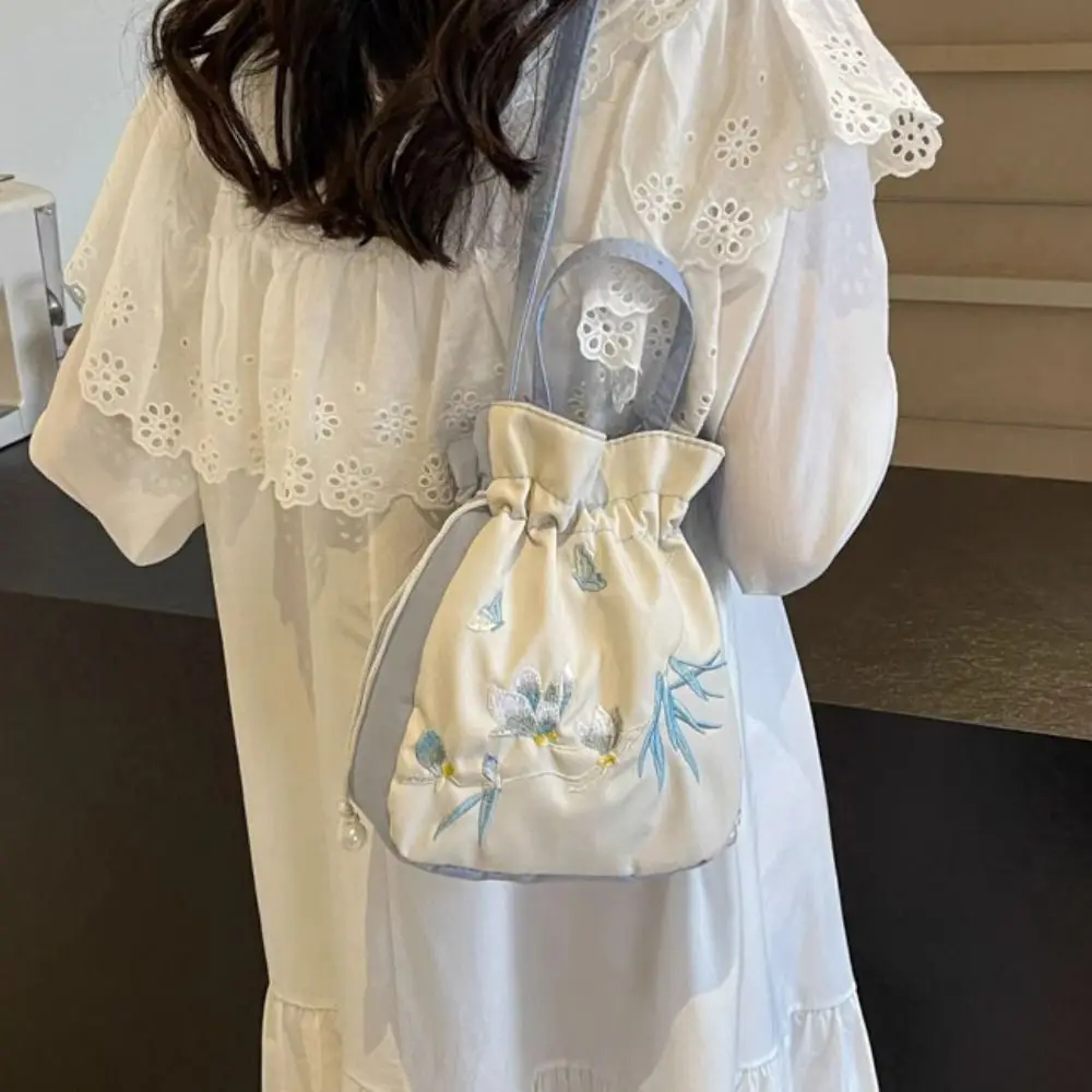 

Сумка на шнурке с вышивкой в этническом стиле, шелковая атласная сумка через плечо, сумка в китайском стиле, сумка-ведро с цветком, сумка на плечо Hanfu