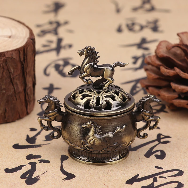 1Pc 2026 Year Of The Horse Lucky Incense Burner Vintage Alloy Horse Hollow Lotus Seashell Holder Mini Censer Home Office Decor