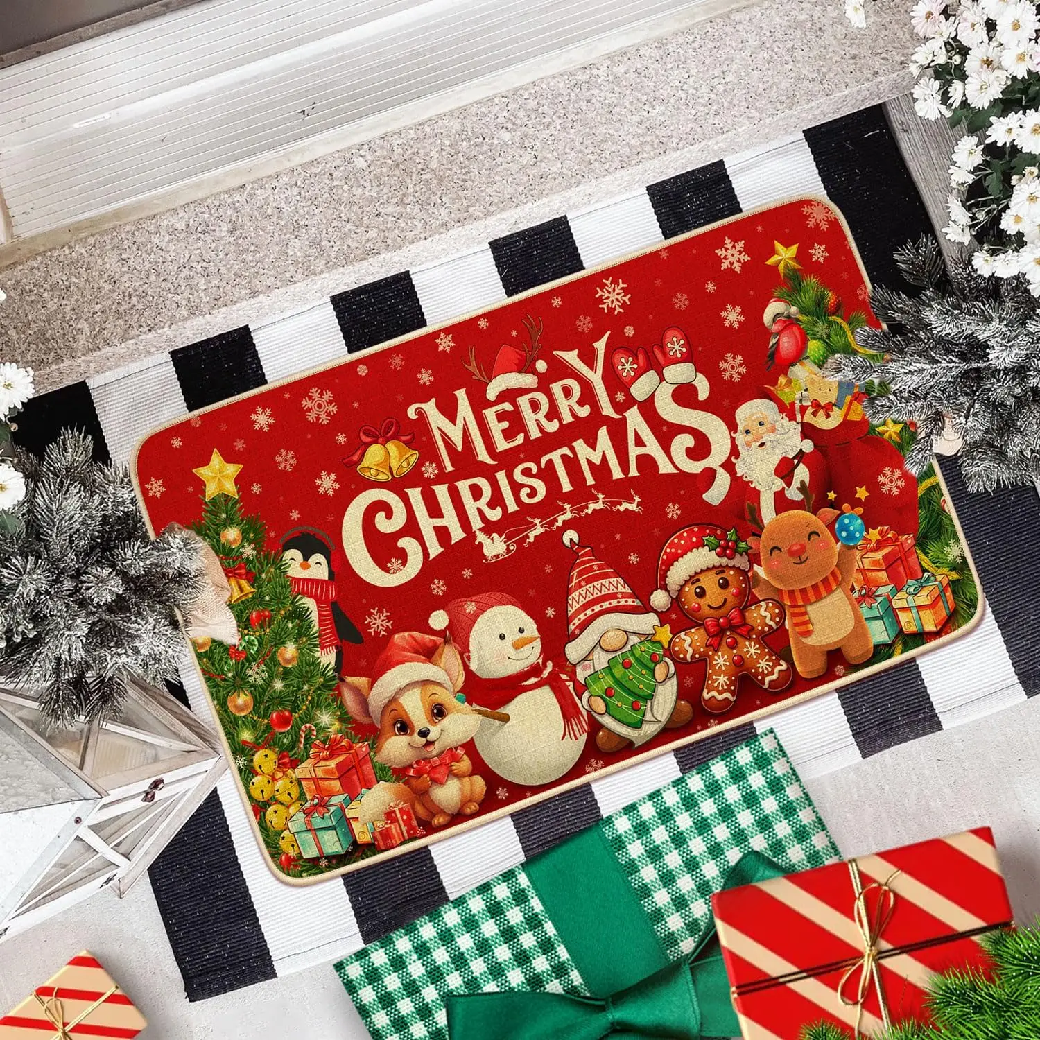Family Christmas Decorative Doormat, Winter Xmas Holiday Decor Non-Slip Door Mat,Low-Profile Floor Switch Mat for Indoor Outdoor