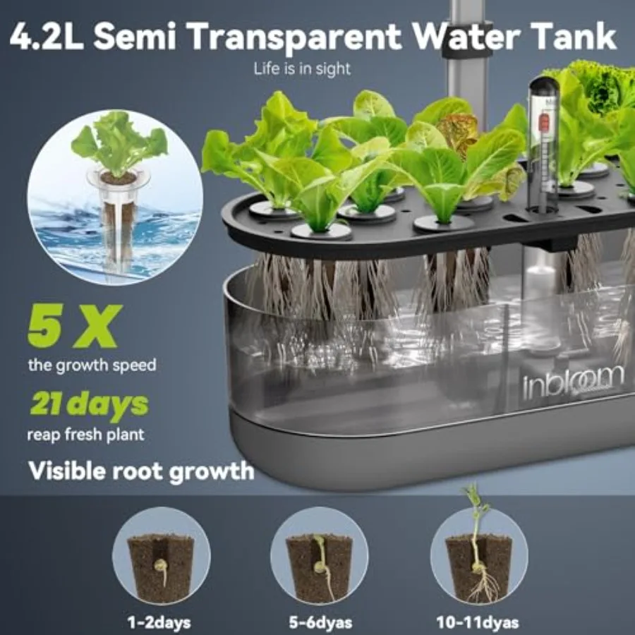 Indoor hydroponics growing system Premium adjustable herb kit transparent black ABS 4.2L pump
