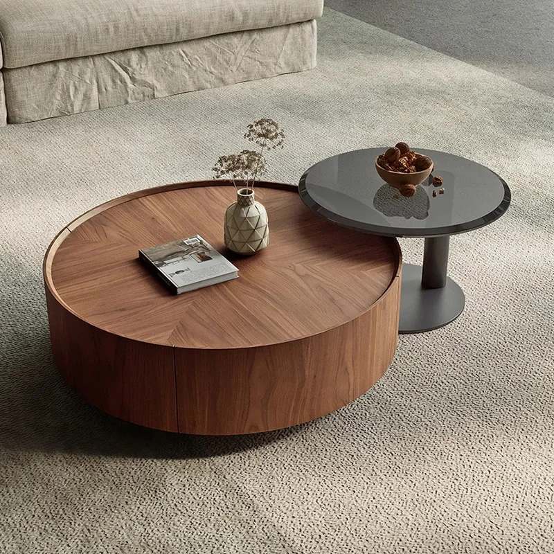 

French retro medieval walnut coffee table modern light luxury small apartment size round living room coffee table combination