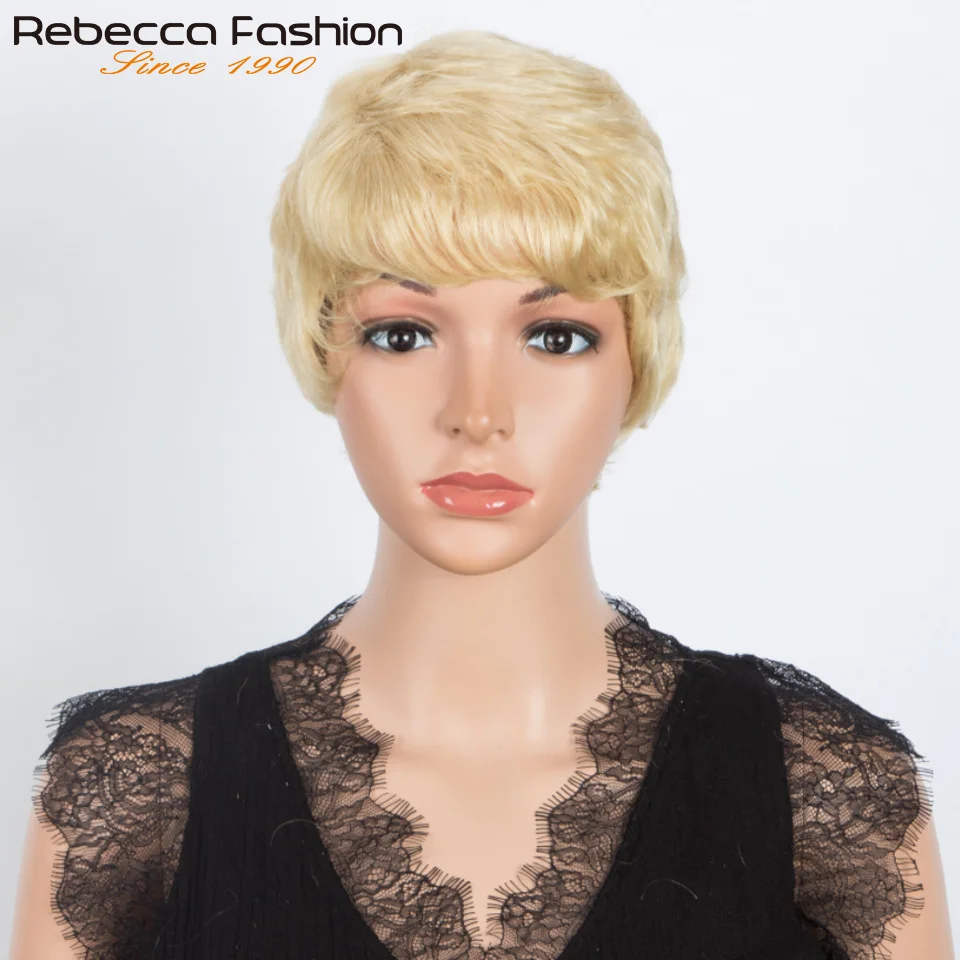 

Парик Rebecca 613 Blonde Short Pixie Cut Bob из 100% натуральных человеческих волос для женщин, бразильские волосы Remy, полностью машинной работы, цветной, без клея.