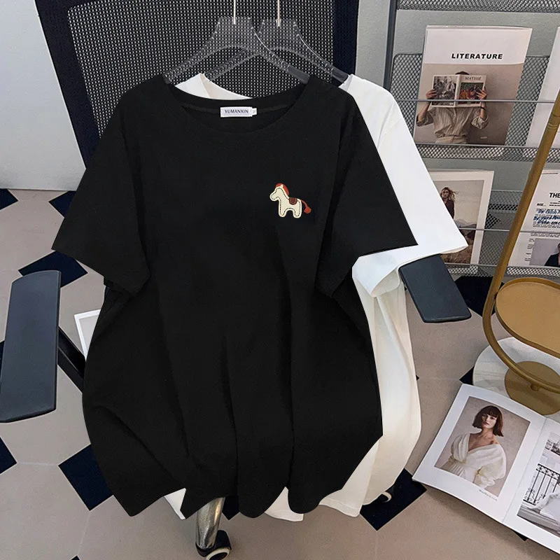 

170Kg Plus Size Women's Bust 170 Summer Loose Short Sleeve Round Neck Print Pony T-Shirt 4XL 5XL 6XL 7XL 8XL 9XL