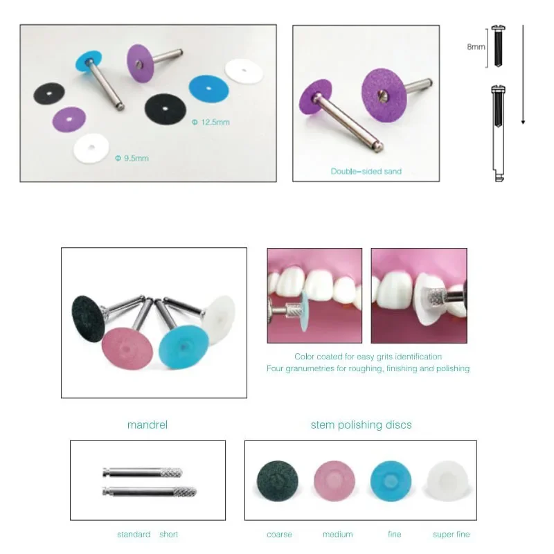 42/101pcs Dental Stem Polishing Disc Autoclavable 4 Colors Single/Double Sided Sand 9.5/12.5mm Exclusive Mandrels Dentistry Tool