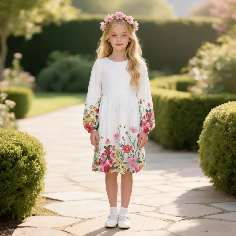 

Girls Floral Print Long Sleeve Dress - 2025 Kids Casual Bohemian Garden Dress Kids White Princess Party Dress