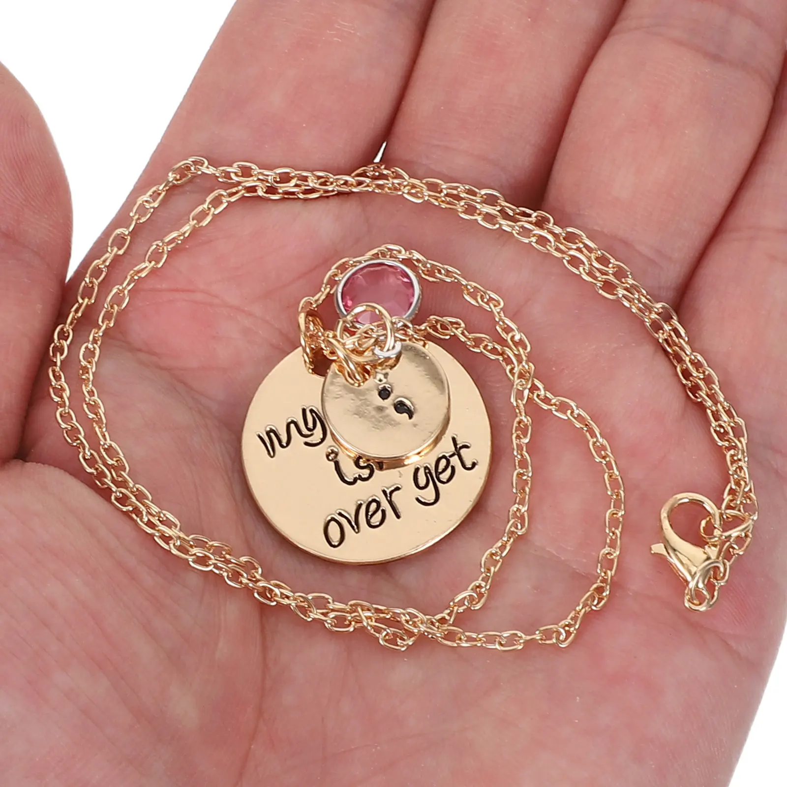 Isn't Over Yet Semicolon Necklace Rhinestone Pendant Alloy Chain Stylish Mental Health Awareness Gift for Encouragement