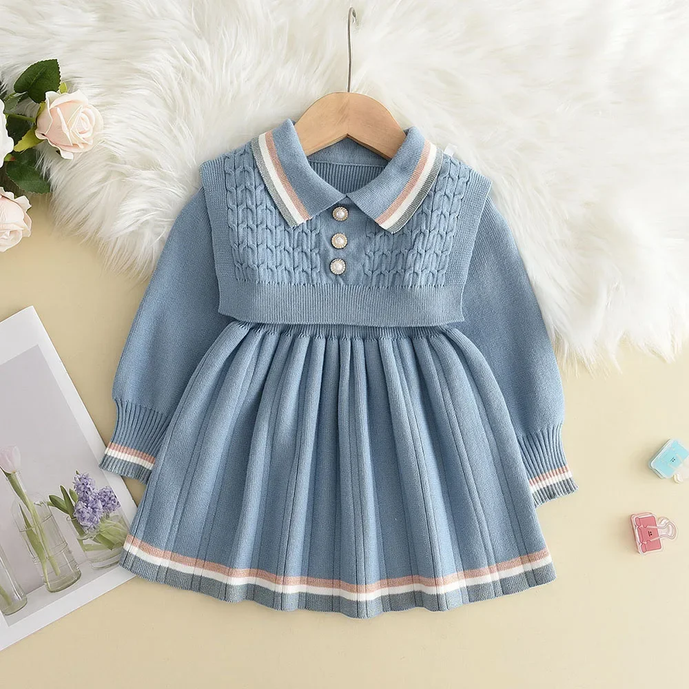 Bear Leader Kids Dresses for Girls Pearl Button Tricolor Striped Lapel Knit Skirt Winter College Style Children\'s Clothing